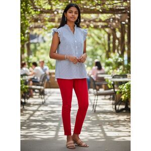 NY Collection Womens Pinstripe Ruffle Sleeve Button‎ Blouse Size S Blue